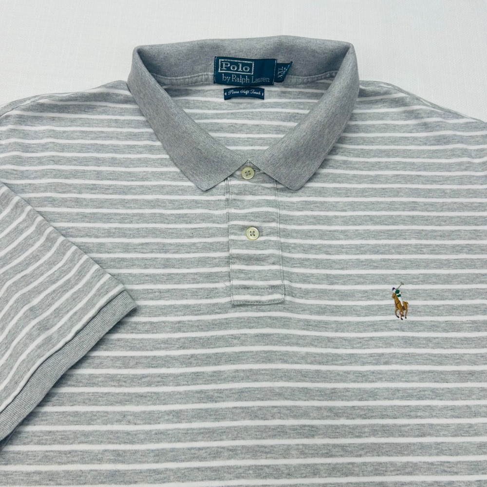 Polo Ralph Lauren Shirt Mens XXL Gray White Striped Pima Soft Touch Preppy Golf